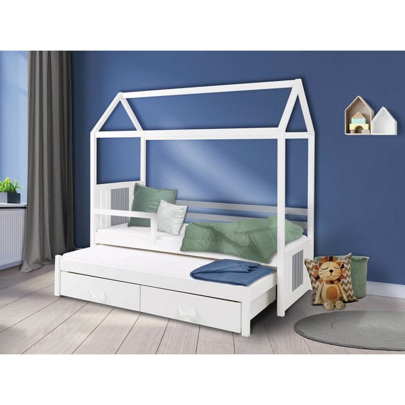 Veneti Detská posteľ domček so zábranou 90x200 KARBEN 2 - biela / šedá